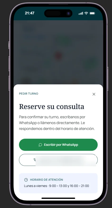 Reserva de consulta por WhatsApp en el celular