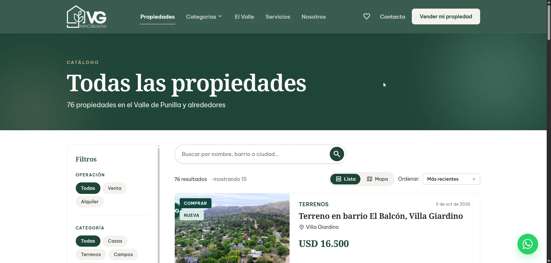 Listado de propiedades con filtros