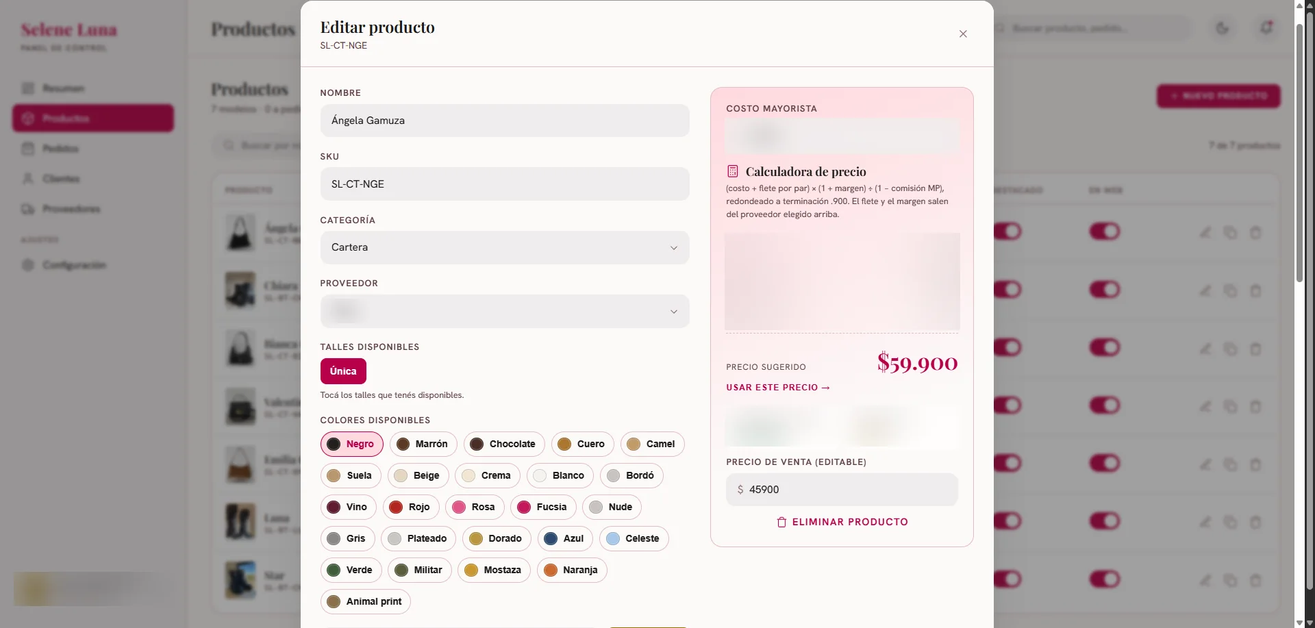 Edición de un producto con la calculadora de precio