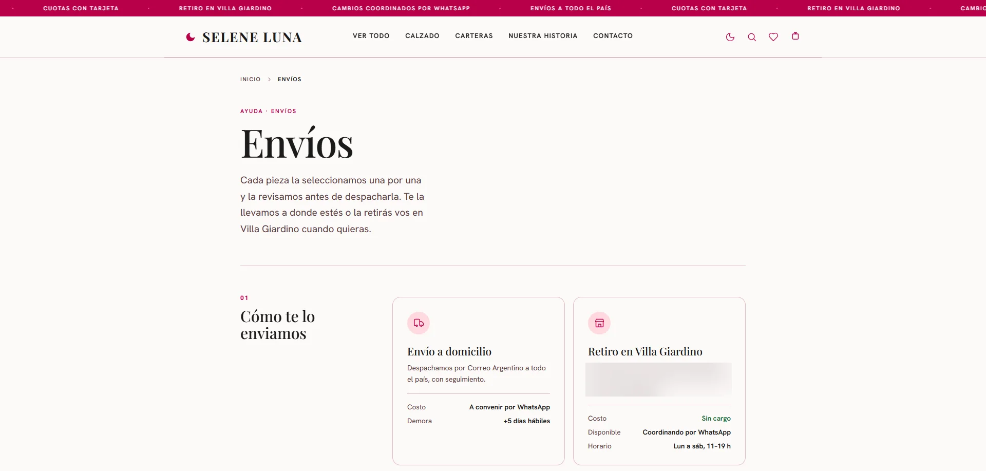 Página de envíos y retiro