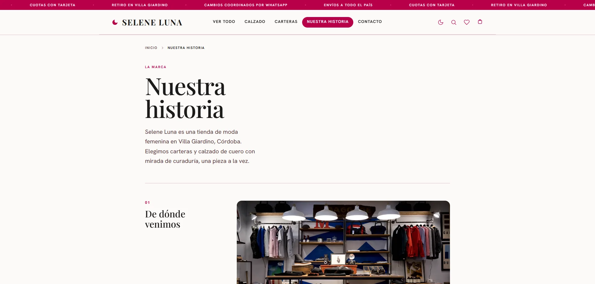 Página con la historia de la tienda