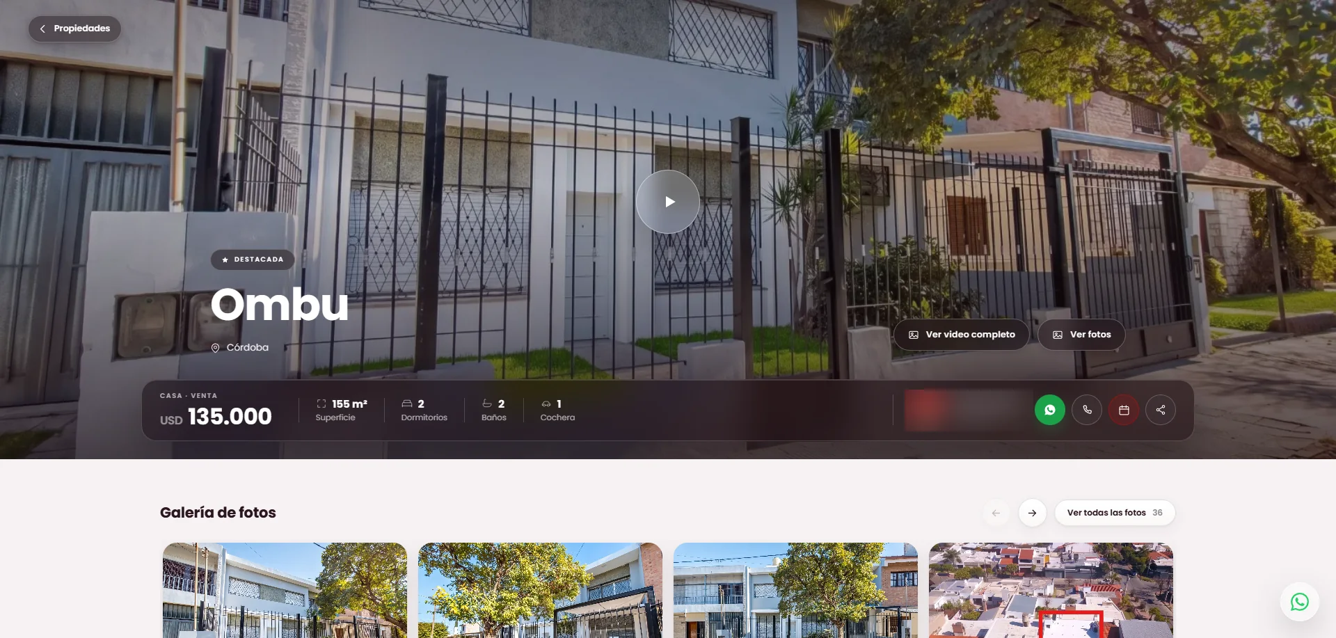 Ficha de una casa con foto principal, precio y datos clave