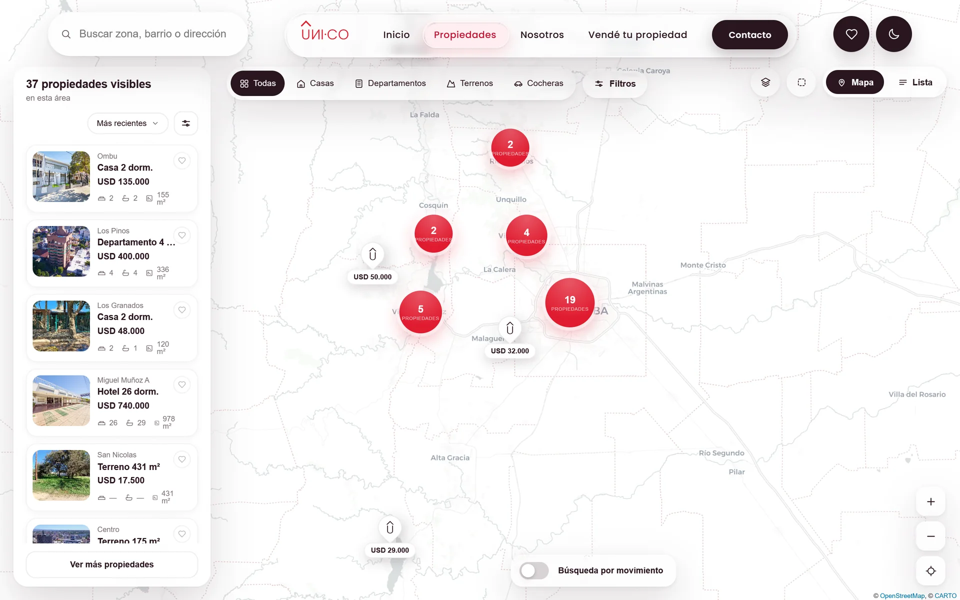 Mapa con las propiedades publicadas